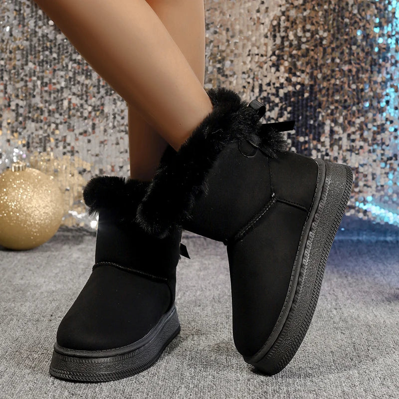 New Fashionable Bow Round Toe Elegant Snow Boots Winter Flat Wear-resistant Soft Students Plus Velvet Warm Women's Shoes