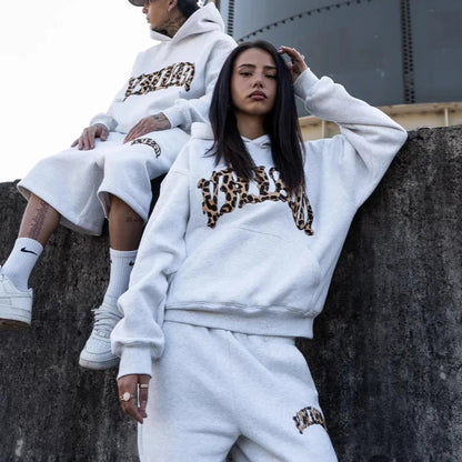 Y2k Retro Punk New Lining Leopard Print Letter Embroidery Street Casual Pants Men and Women Versatile Hooded Sweatshirt
