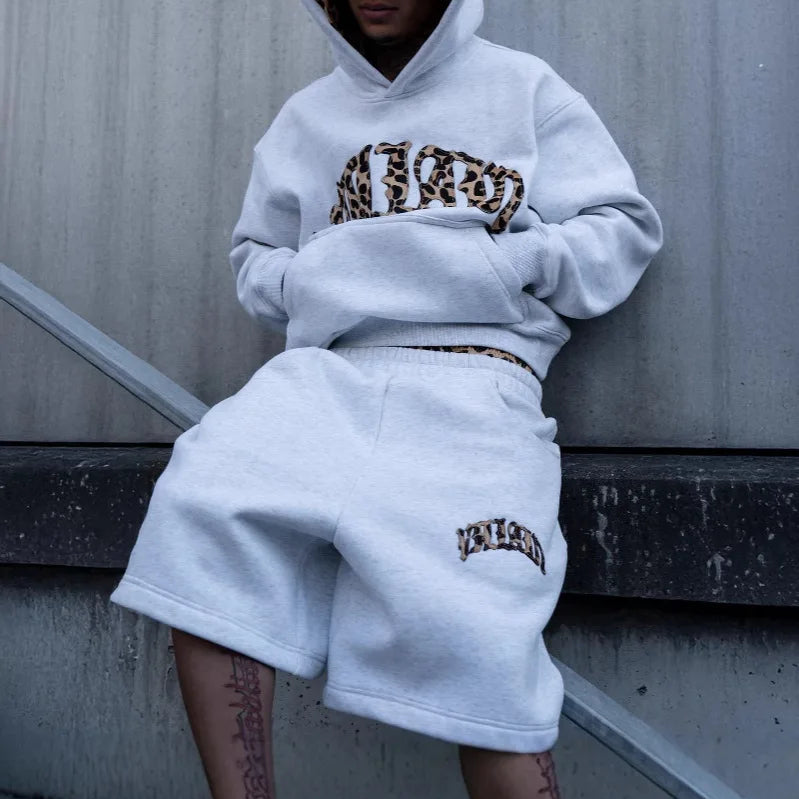 Y2k Retro Punk New Lining Leopard Print Letter Embroidery Street Casual Pants Men and Women Versatile Hooded Sweatshirt