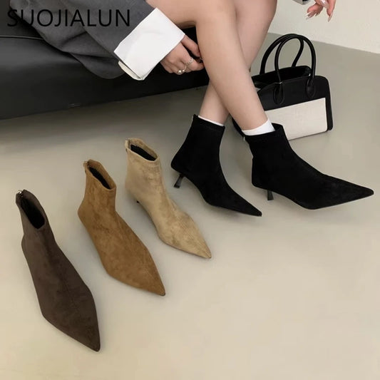 SUOJIALUN 2024 Winter New Brand Women Short Boots Fashion Pointed Toe Ladies Elegant Ankle Boots Thin High Heel Dress Pumps Shoe
