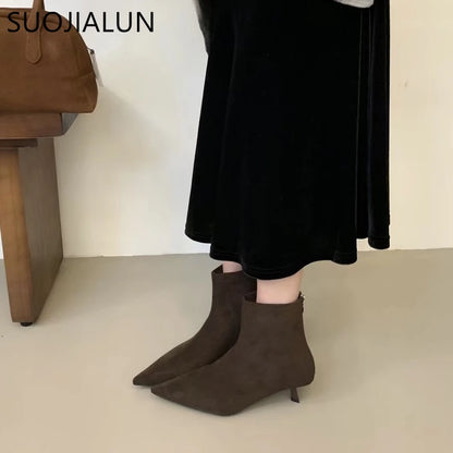 SUOJIALUN 2024 Winter New Brand Women Short Boots Fashion Pointed Toe Ladies Elegant Ankle Boots Thin High Heel Dress Pumps Shoe