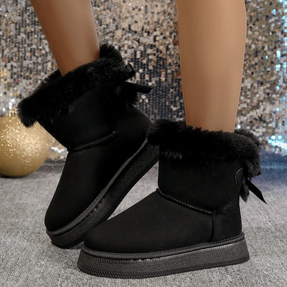 New Fashionable Bow Round Toe Elegant Snow Boots Winter Flat Wear-resistant Soft Students Plus Velvet Warm Women's Shoes