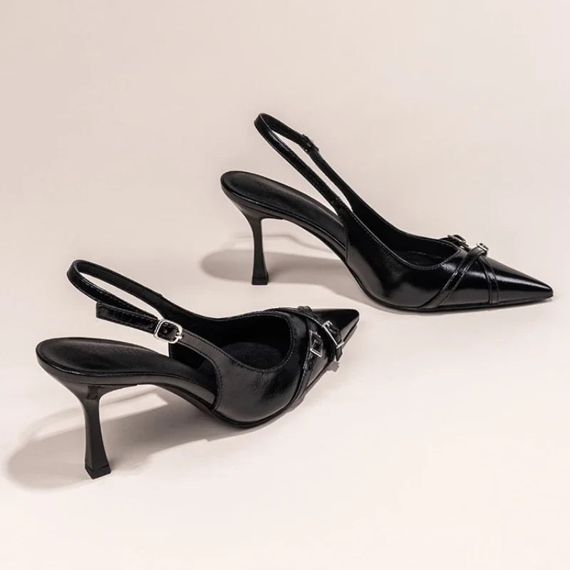 Fashionable Pointed Toe Shallow Mouth New High-heeled Shoes Summer Elegant Buckle Decorated Stiletto Black Women's Shoes NO:602