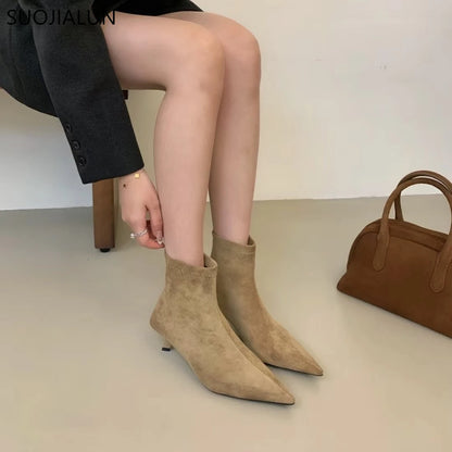 SUOJIALUN 2024 Winter New Brand Women Short Boots Fashion Pointed Toe Ladies Elegant Ankle Boots Thin High Heel Dress Pumps Shoe